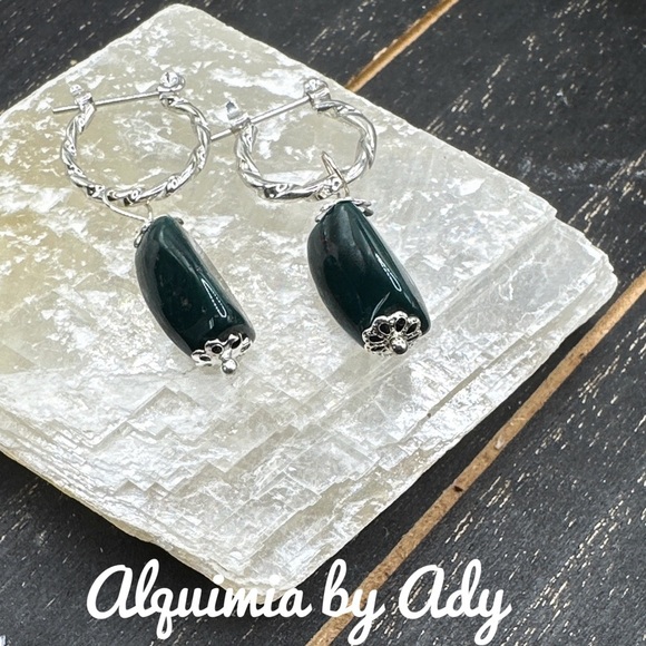 Fall Moss agate silver hoops very long dangle chandelier boho earrings - Picture 1 of 5